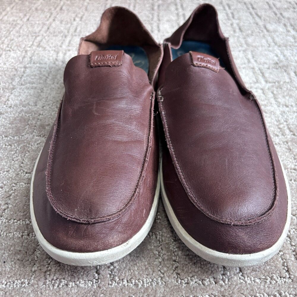 OluKai Nalukai Leather Slip On Shoes Men 12 Brown Loafer Preppy Casual Drop Heel - Picture 3 of 9